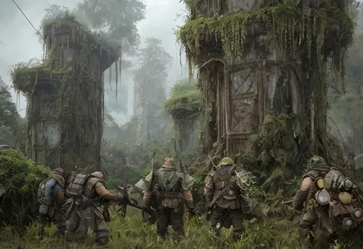 Prompt: dirty, eerie orcs, goblins, ragged cloak, belts and pouches, spear,  mossy, decaying, rusty and worn,  intricate detail,  show antennas and wires and circuits, old apocalyptic city wasteland overgrown by oppressive huge forest, vines, plants and roots growing, cracking through walls, 3d render,  high detail, dont show cars,