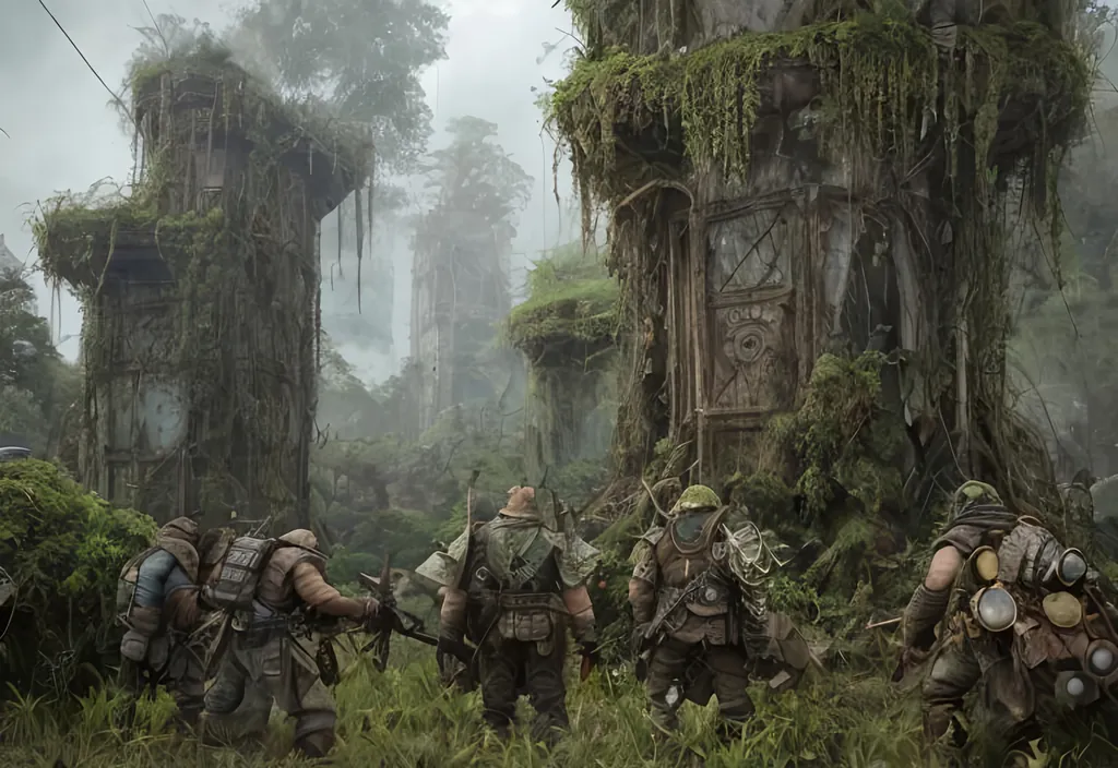 Prompt: dirty, eerie orcs, goblins, ragged cloak, belts and pouches, spear,  mossy, decaying, rusty and worn,  intricate detail,  show antennas and wires and circuits, old apocalyptic city wasteland overgrown by oppressive huge forest, vines, plants and roots growing, cracking through walls, 3d render,  high detail, dont show cars,