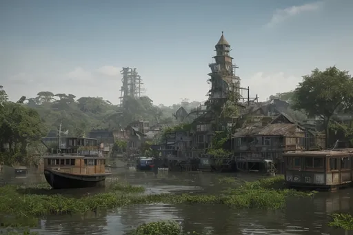 Prompt: harbour shanty town in a flooded district of an old  low tech steampunk sci-fi fantasy city wasteland overgrown by oppressive huge forest, moss, leaves, vines, plants and roots growing, cracking through walls, harbour view, overgrown marketplace, , urban, 3d render,  high detail, wasteland, medival apocalypse, fantasy ships, medival boats, docks, rainy, cloudy, dark, noir,