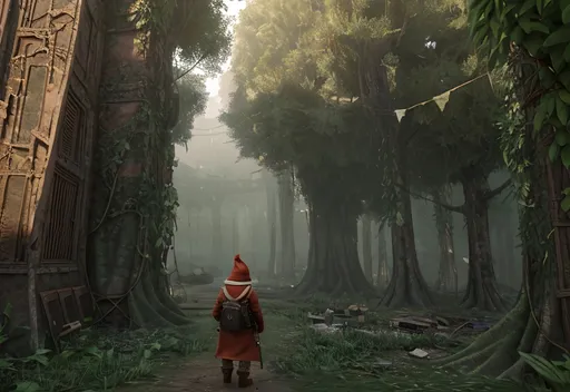Prompt: gnome scout, intricate detail, multilayred outfit, cloak, wool scarf, belts and pouches, buckles and straps, wandering, old apocalyptic city wasteland overgrown by oppressive huge forest, vines, plants and roots growing, cracking through walls, 3d render,  high detail, dark erie, fantasy