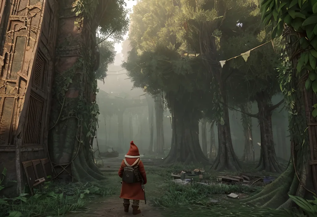 Prompt: gnome scout, intricate detail, multilayred outfit, cloak, wool scarf, belts and pouches, buckles and straps, wandering, old apocalyptic city wasteland overgrown by oppressive huge forest, vines, plants and roots growing, cracking through walls, 3d render,  high detail, dark erie, fantasy