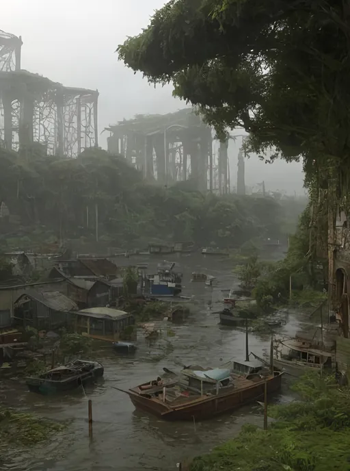 Prompt: harbour shanty town in a flooded district of an old apocalyptic low tech steampunk sci fi fantasy city wasteland overgrown by oppressive huge forest, moss, leaves, vines, plants and roots growing, cracking through walls, harbour view, overgrown marketplace, , urban, 3d render,  high detail, wasteland, medival apocalypse, fantasy ships, medival boats, docks, rainy, cloudy, dark, noir,