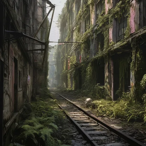 Prompt: overview on old rail yard, railway depot, place in dead end alleyway in a sci-fi town along a small trade route in overgrown urban wasteland, mossy, decaying, rusty and worn,  intricate detail,  ,  old apocalyptic city wasteland overgrown by oppressive huge forest, vines, plants and roots growing, cracking through walls,  high detail,  crowd, guards, trade, alleyway, star wars artstyle,  retro science-fiction, 