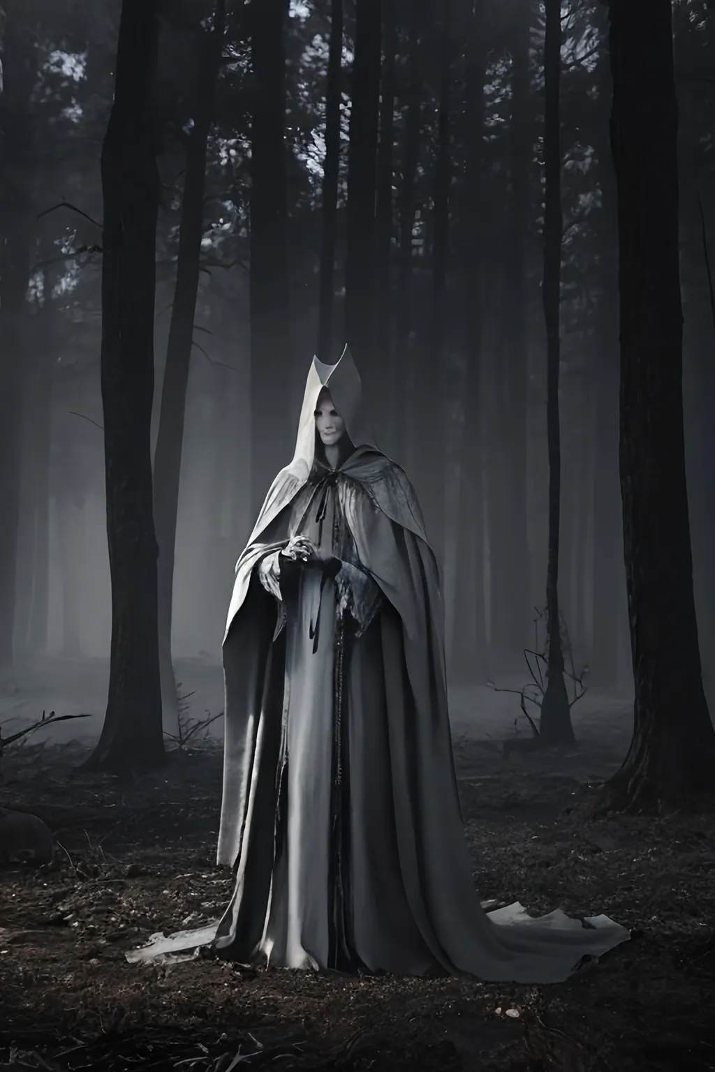 Prompt: show only one eerie shadow witch king, fantasy horror, pale face,,  fantasy, intricate, very slender, tall, highly detailed, cape, cloak, point inquisitor hat,  show full body, artstation, octane render, concept art, matte, sharp focus, illustration,  set in post apocalyptic forest wasteland, fog, 