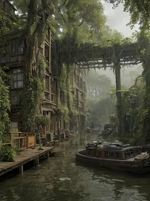 Prompt: harbour shanty town in a flooded district of an old apocalyptic low tech steampunk sci fi fantasy city wasteland overgrown by oppressive huge forest, moss, leaves, vines, plants and roots growing, cracking through walls, harbour view, overgrown marketplace, , urban,  high detail, wasteland, medival apocalypse, fantasy ships, medival boats, docks, rainy, cloudy, dark, noir,