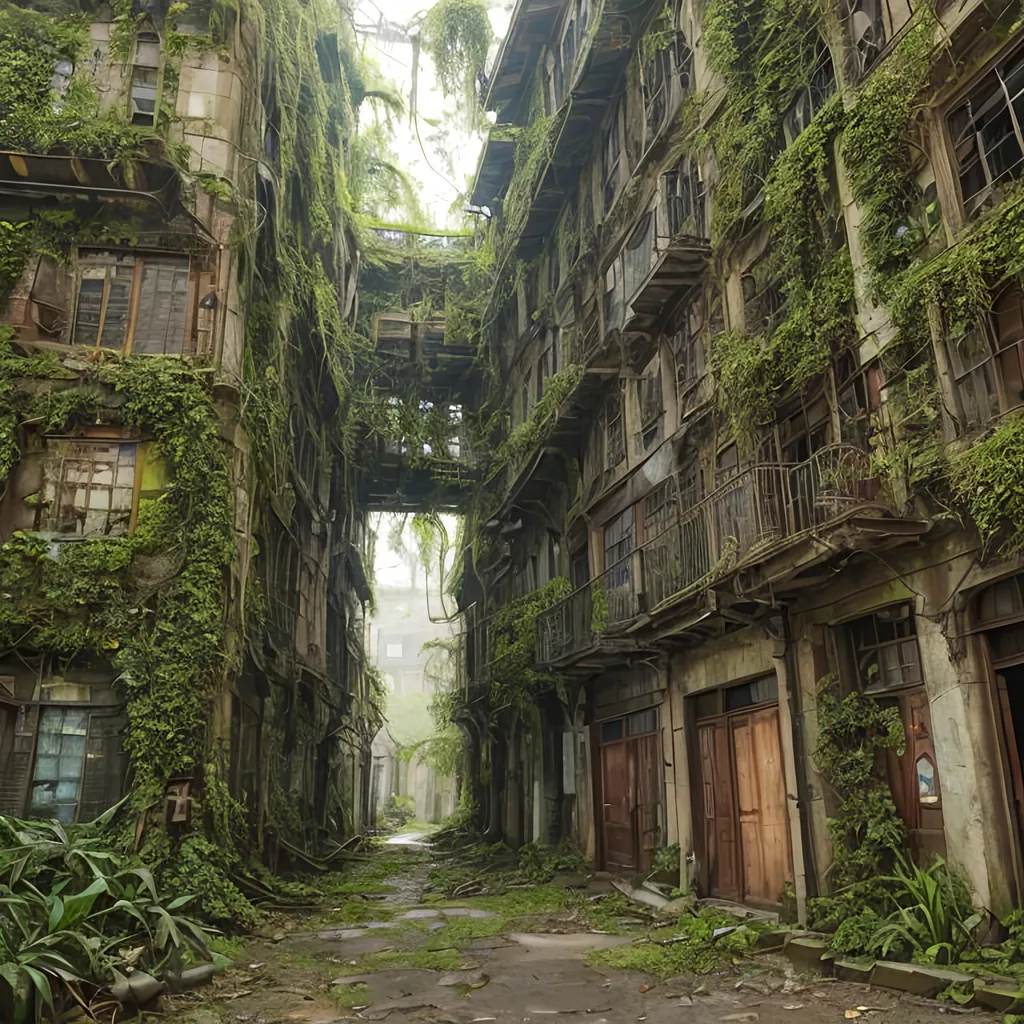 Prompt: town hall,  in dead end alleyway in a sci-fi town along a small trade route in overgrown urban wasteland, mossy, decaying, rusty and worn,  intricate detail,  ,  old apocalyptic city wasteland overgrown by oppressive huge forest, vines, plants and roots growing, cracking through walls,  high detail,  crowd, guards, trade, alleyway, star wars artstyle,  retro science-fiction, 