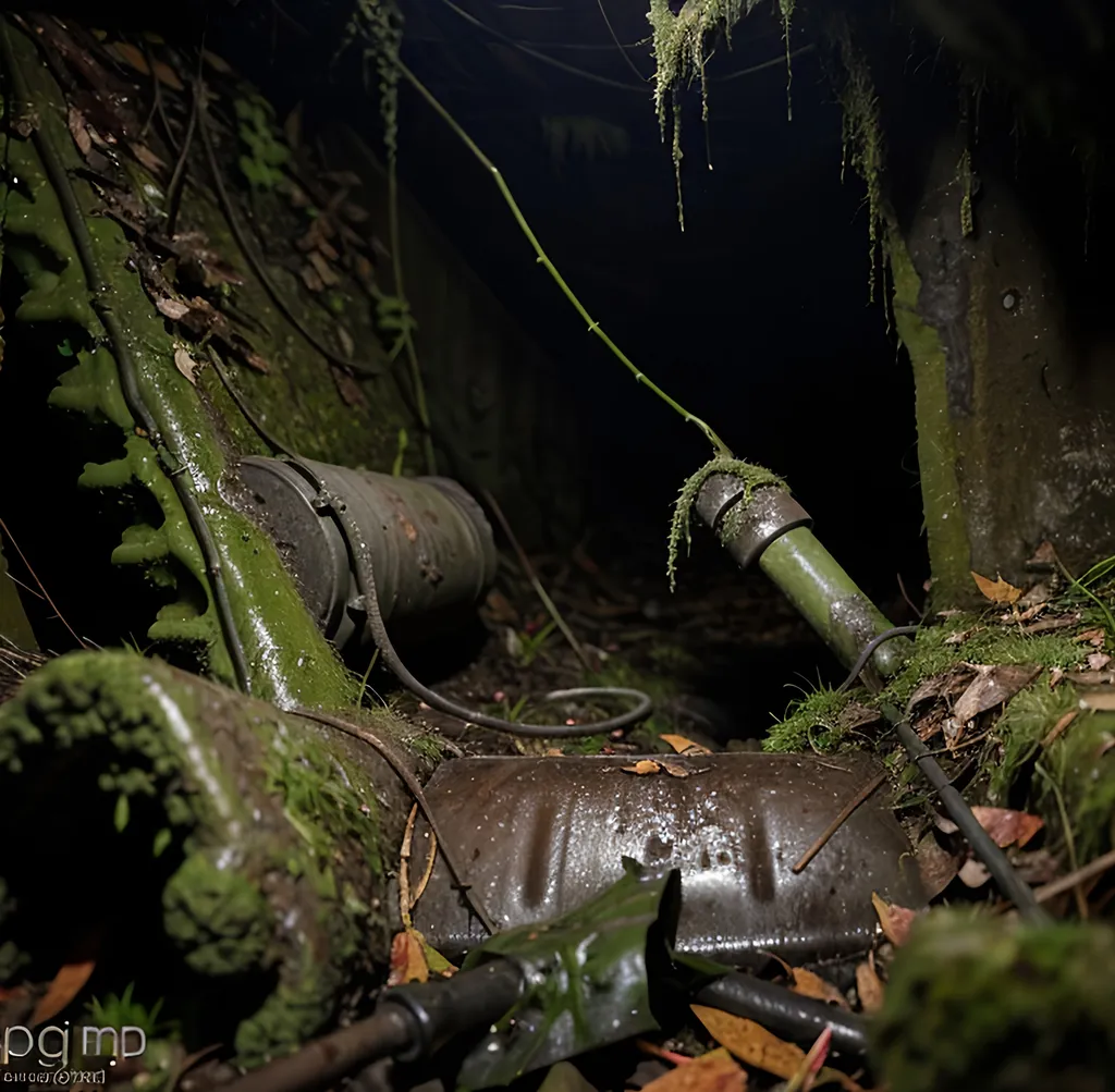 Prompt: dark sewers, dank, underground area, dark, mossy, wet, dripping, moldy, fungus, debris, trash, technical shaft, asymmetric composition, post apocalyptic, overgrown, claustrophobic, narrow spaces, haunted, dim ambient light, low light,diffuse lighting, photo realistic, sharpness, in focus