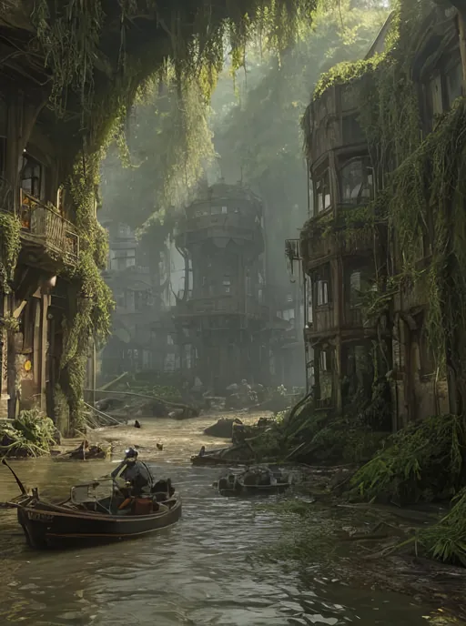 Prompt: at the docks of a harbour,  in a flooded district of an old  low tech steampunk sci-fi fantasy city wasteland overgrown by oppressive huge forest, moss, leaves, vines, plants and roots growing, cracking through walls, harbour view, overgrown marketplace, , urban, 3d render,  high detail, wasteland, medival apocalypse, fantasy ships, medival boats, docks, rainy, cloudy, dark, noir,