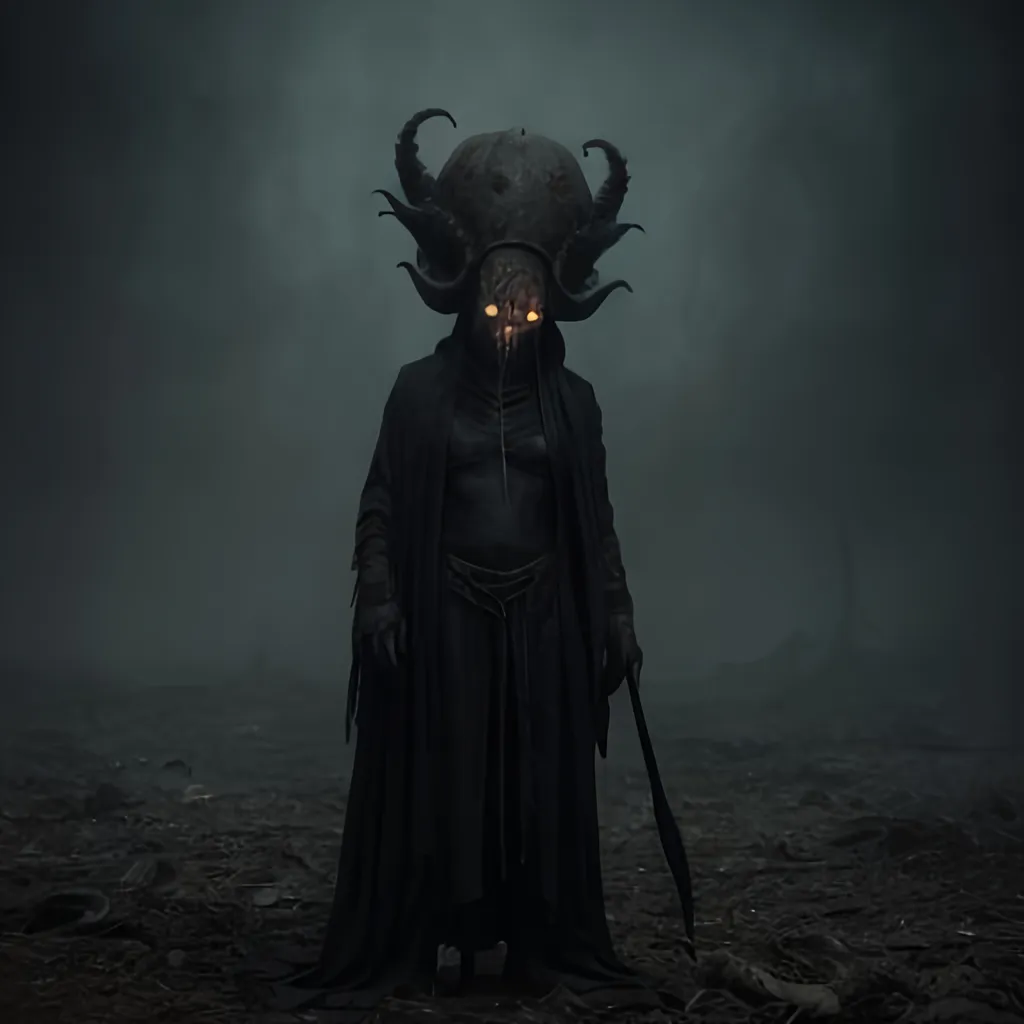 Prompt: fantasy, lovecraftian creature, horror, pumpkin headed grim reaper, dark eyes, polymorph, tentacles, 4k, matte, studio photo, intricate details, highly detailed, by clint langley,, overgrown post apocalyptic, 
