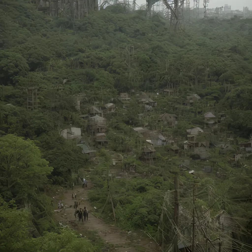 Prompt: shanty town along a small hike trail in overgrown urban wasteland, mossy, decaying, rusty and worn,  intricate detail,  show antennas and wires and circuits, old apocalyptic city wasteland overgrown by oppressive huge forest, vines, plants and roots growing, cracking through walls, 3d render,  high detail, marketplace, brewery, crowd, guards, tower