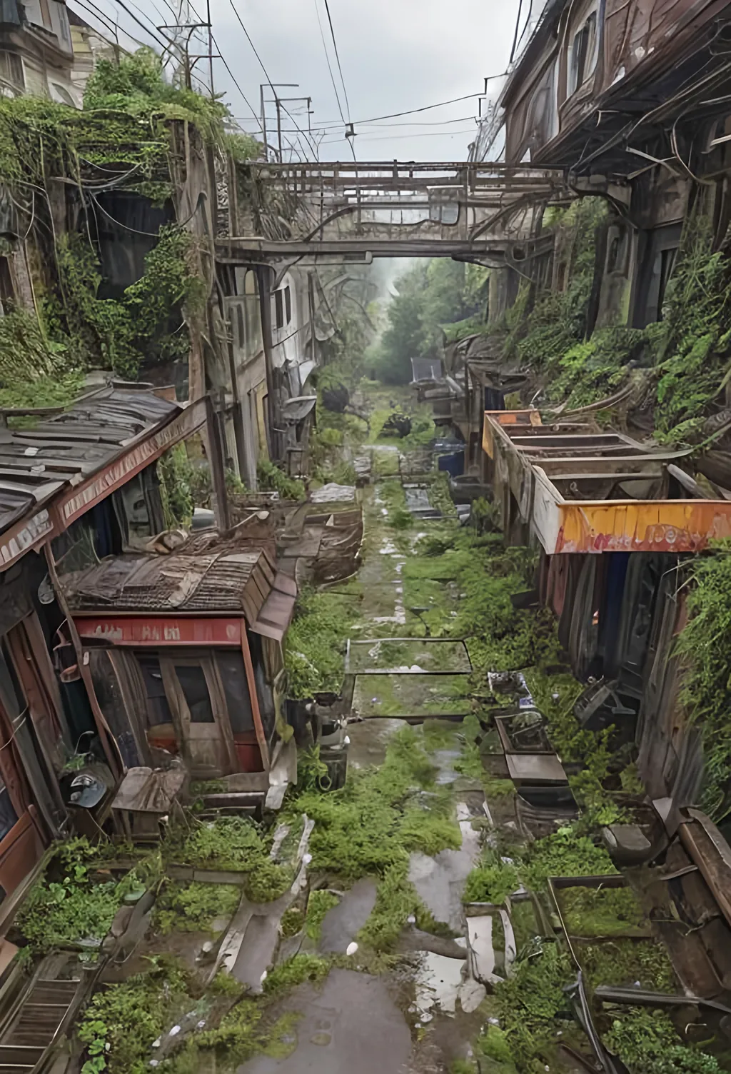 Prompt: overview on old rail yard, railway depot, place in dead end alleyway in a sci-fi town along a small trade route in overgrown urban wasteland, mossy, decaying, rusty and worn,  intricate detail,  ,  old apocalyptic city wasteland overgrown by oppressive huge forest, vines, plants and roots growing, cracking through walls,  high detail,  crowd, guards, trade, alleyway, star wars artstyle,  retro science-fiction, 