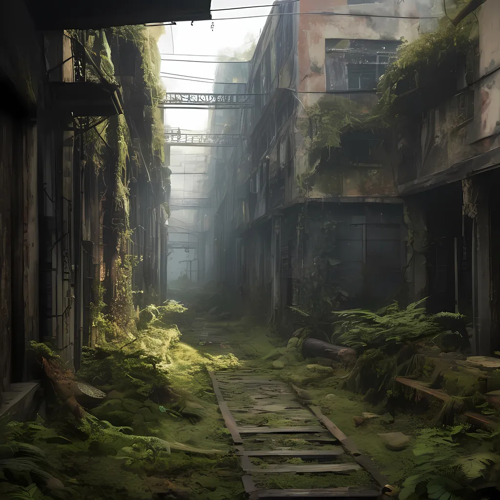 Prompt: overview on old rail yard, railway depot, place in dead end alleyway in a sci-fi town along a small trade route in overgrown urban wasteland, mossy, decaying, rusty and worn,  intricate detail,  ,  old apocalyptic city wasteland overgrown by oppressive huge forest, vines, plants and roots growing, cracking through walls,  high detail,  crowd, guards, trade, alleyway, star wars artstyle,  retro science-fiction, 