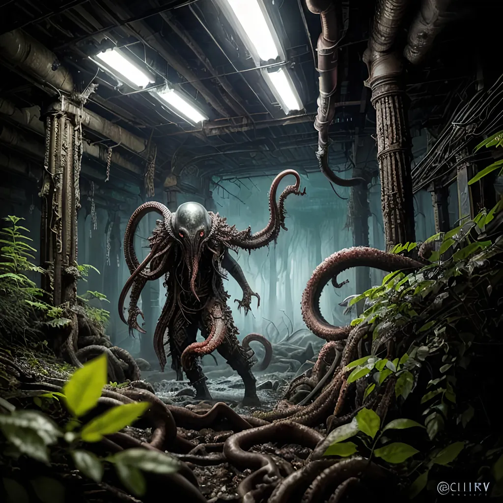 Prompt: dark fantasy, lovecraft horror, squid hybrid, glowing eyes, giant, 4k, sharp focus, studio photo, intricate details, highly detailed, by clint langley,, overgrown post apocalyptic, 
