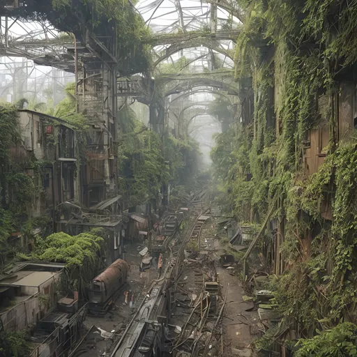 Prompt: overview on old rail yard, railway depot, place in dead end alleyway in a sci-fi town along a small trade route in overgrown urban wasteland, mossy, decaying, rusty and worn,  intricate detail,  ,  old apocalyptic city wasteland overgrown by oppressive huge forest, vines, plants and roots growing, cracking through walls,  high detail,  crowd, guards, trade, alleyway, sci fantasy artstyle,  retro science-fiction, 