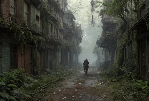 Prompt: a dark ghostly shadow creature sneaking, through town along a small hike trail in overgrown urban wasteland, mossy, decaying, rusty and worn,  intricate detail,  show antennas and wires and circuits, old apocalyptic city wasteland overgrown by oppressive huge forest, vines, plants and roots growing, cracking through walls, 3d render,  high detail, dark forest, shadow, vines, horror, lovecraft