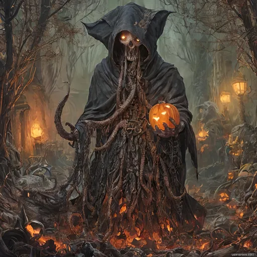 Prompt: fantasy, lovecraftian creature, horror, pumpkin headed grim reaper, dark eyes, polymorph, tentacles, 4k, matte, studio photo, intricate details, highly detailed, by clint langley,, overgrown post apocalyptic, 
