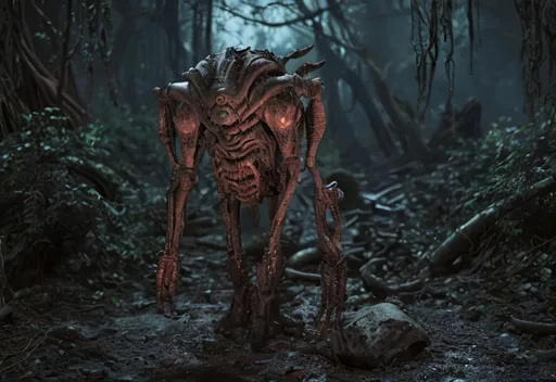 Prompt: dark fantasy, lovecraft horror, cernunos,  alien sewer robot, polymorph, glowing eyes, HD 4k, sharp focus, studio photography, intricate, highly detailed, overgrown post apocalyptic city, world of sewers, night city, deformed, ugly, mutilated, disfigured, extra limbs, mutatation, verjigorm,
