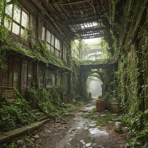 Prompt: bath house,  in dead end alleyway in a sci-fi town along a small trade route in overgrown urban wasteland, mossy, decaying, rusty and worn,  intricate detail,  ,  old apocalyptic city wasteland overgrown by oppressive huge forest, vines, plants and roots growing, cracking through walls,  high detail,  crowd, guards, trade, alleyway, star wars artstyle,  retro science-fiction, 
