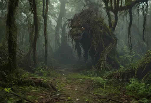 Prompt: a dark ghostly shadow creature sneaking, through town in overgrown urban wasteland, mossy, decaying, rusty and worn,  intricate detail,  apocalyptic city wasteland overgrown by oppressive huge forest, vines, plants and roots growing, cracking through walls, 3d render,  high detail, dark forest, shadow, vines, horror, lovecraft