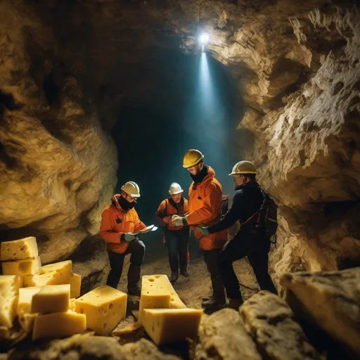 Prompt: Geologists and engineers exploring a mysterious cave of cheese, bodycam photo 