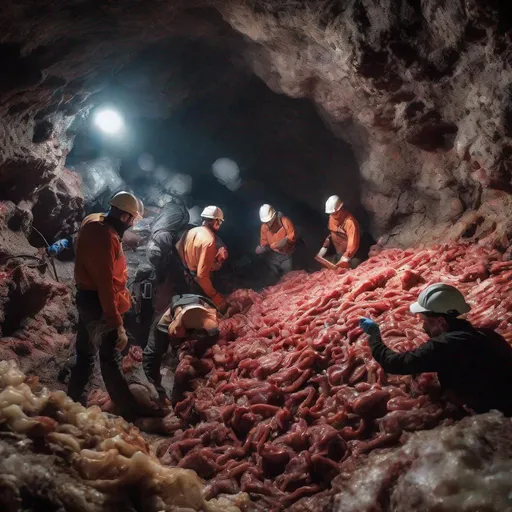 Prompt: Geologists and engineers exploring a mysterious cave of meat and guts, bodycam photo 