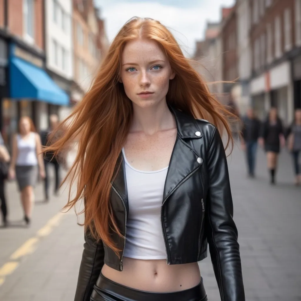Prompt: Tall young redhead woman with freckles and blue eyes and long wavie hair walking down the high street, detailed clothing,wearing a black latex skirt and a black leather jacket with a white tank top,realistic, natural lighting
