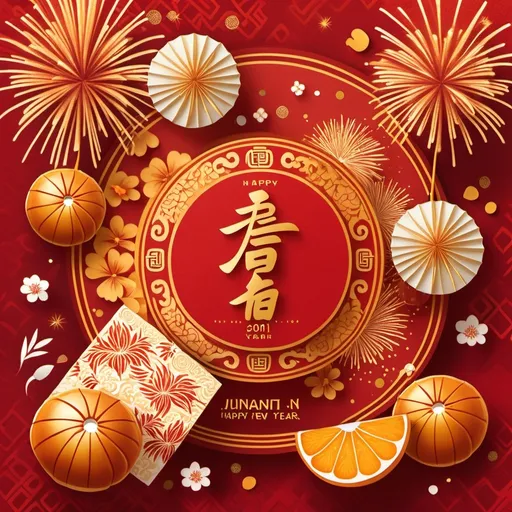 Prompt: A vibrant Chinese New Year greeting card blending Chinese and Indonesian culture. Red and gold background with batik patterns, Mandarin oranges, kue keranjang (Indonesian rice cakes), and fireworks. Text: '新春快乐 / Happy Chinese New Year!' . Warm, joyful, and inclusive style.