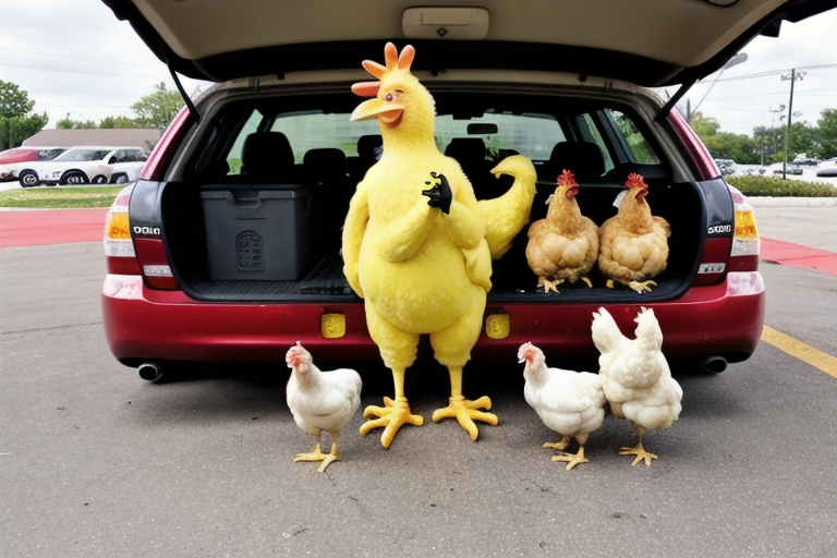 Prompt: Big bird with 2 human size chickens chilling next to their 2011 nissan sentra at a chick fil a parking lot 