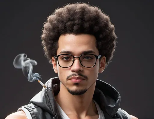 Prompt: A light skin male with an afro, With a beard and a 5-day moustache and glasses.
He’s wearing a white tank top and above a black sleeveless hooded jacket. He’s also wearing a faded jean. He’s smoking a cigarette.
In a Jojo Bizzare Adventure style.