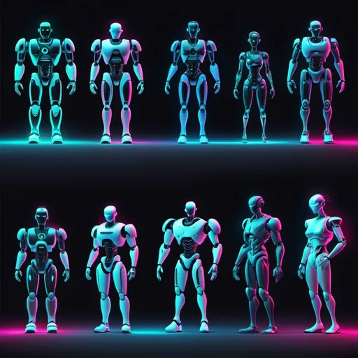 Prompt: 8 neon robotic and humans characters with no backround  