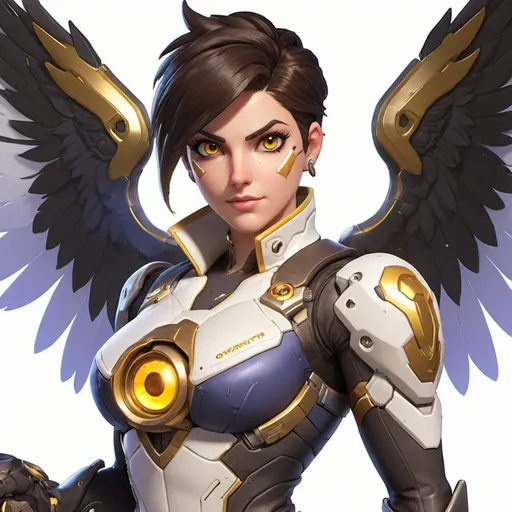 Prompt: overwatch cassidy with golden eyes and flying

