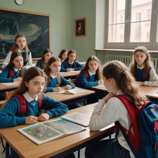 Prompt: a group of girls sitting at a table in a classroom with backpacks on them and a backpack on the table, Elina Karimova, danube school, vfx, a renaissance painting