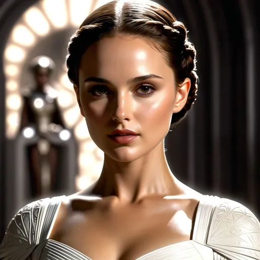 Prompt: Body, Natalie Portman as Padme Amidala, anatomy, bathed in light, highly detailed, photorealistic, smooth, sharp focus, illustration, full body, fit, highly detailed, digital photography, highest quality masterpiece, award winning, hyper-realistic, intricate, 128k, UHD, HDR, photojournalism, highly detailed face, hyper-realistic facial features, perfect anatomy in perfect composition of professional, long shot, sharp focus photography, cinematic 3d volumetric, skintight clothes
