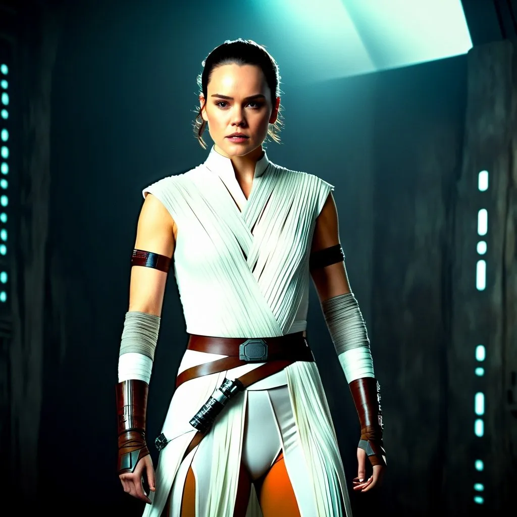 Prompt: Portrait of ((Daisy Ridley as Rey from Star Wars )), full outfit, fit, highly detailed, digital photography, highest quality masterpiece, award winning, hyper-realistic, intricate, 128k, UHD, HDR, photojournalism, highly detailed face, hyper-realistic facial features, perfect anatomy in perfect composition of professional, long shot, sharp focus photography, cinematic 3d volumetric, skintight clothes
