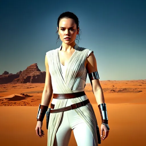 Prompt: Portrait of ((Daisy Ridley as Rey from Star Wars )), full outfit, fit, highly detailed, digital photography, highest quality masterpiece, award winning, hyper-realistic, intricate, 128k, UHD, HDR, photojournalism, highly detailed face, hyper-realistic facial features, perfect anatomy in perfect composition of professional, long shot, sharp focus photography, cinematic 3d volumetric, skintight clothes
