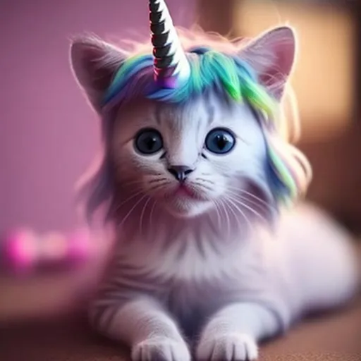 Prompt: A kitty with a little unicorn horn on its headfront.
