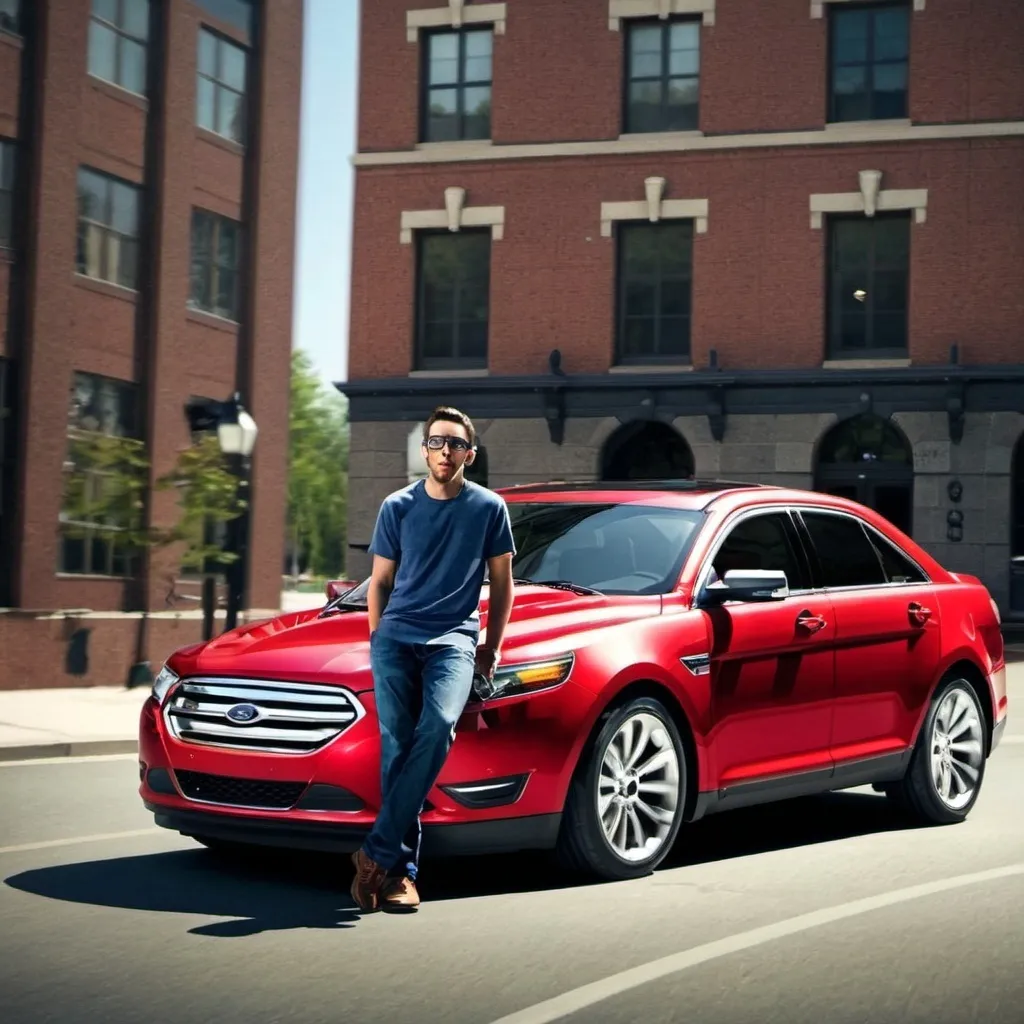 Prompt: guy beside 2013 ford taurus red