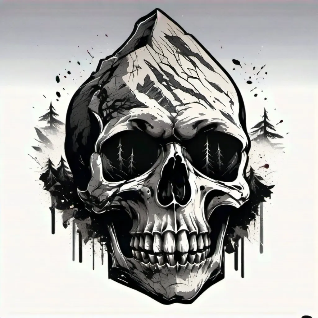 Prompt: Realistic skull. Mountain. Trees. Red blood dripping. High resolution. Black, white, red. No background. Hiking.