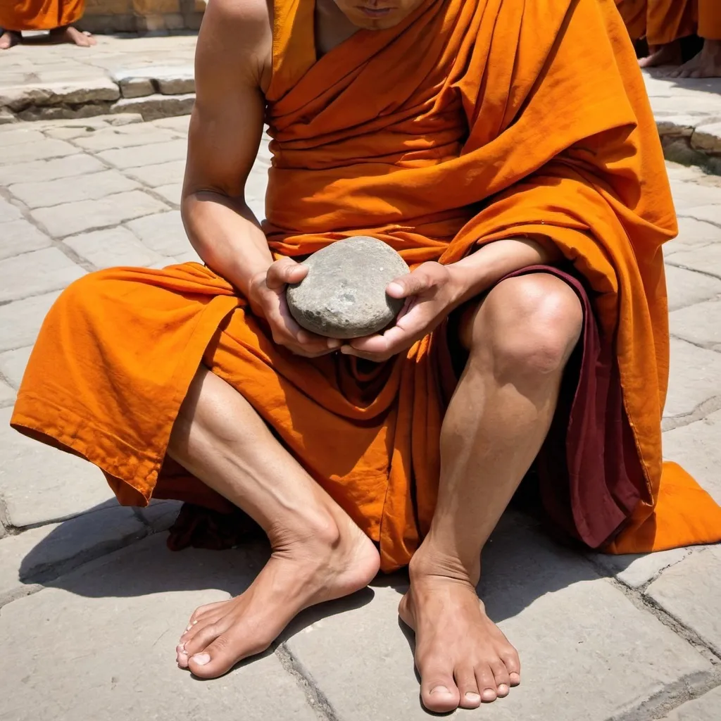 Prompt: A monk holding a rock in his feet