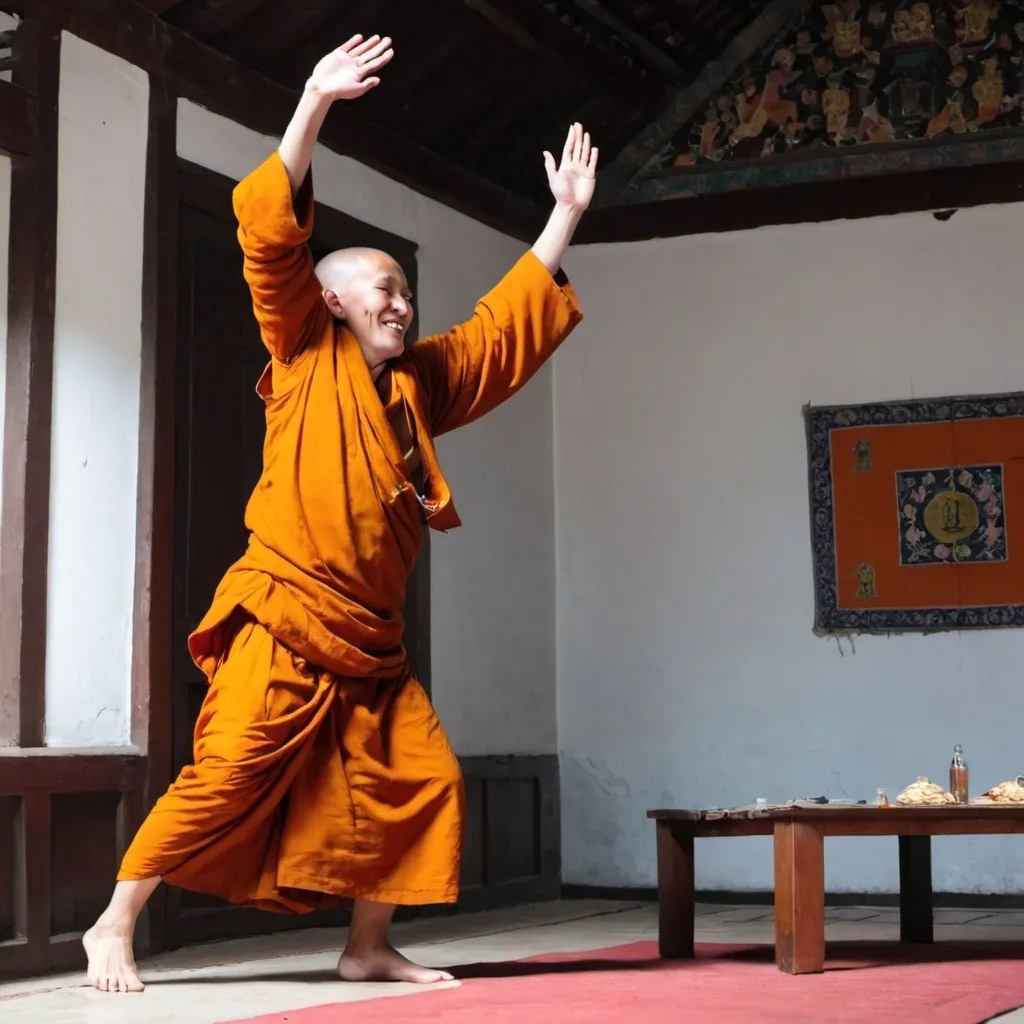 Prompt: A monk with his feet in the air