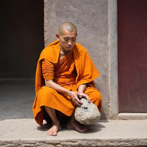 Prompt: A monk with a rock in his feet