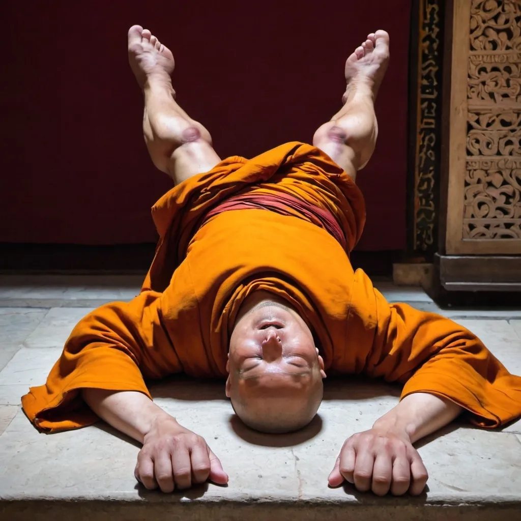 Prompt: a monk lying on his back