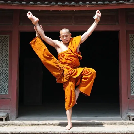 Prompt: A monk lifting both of his feet into the air