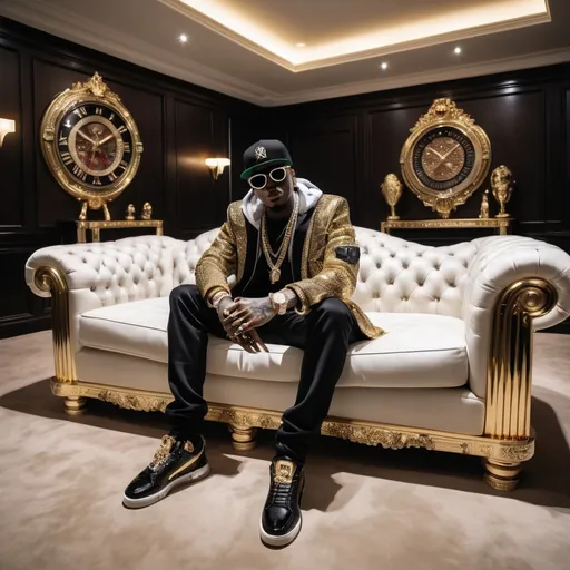 Prompt: Zombie rapper millionaire Luxury environment mansion sofa in front  Luxury money Rolex diamonds 