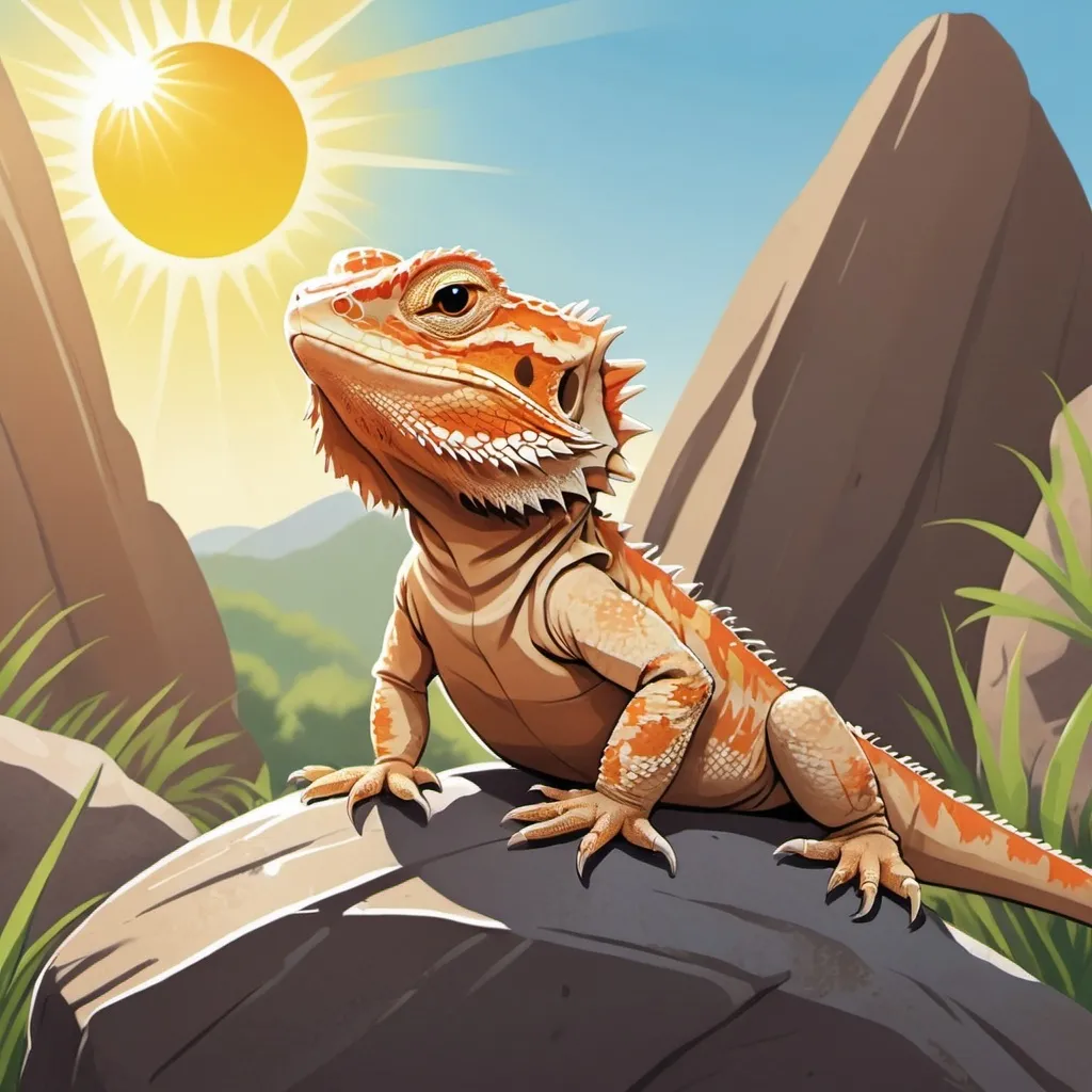 Prompt: A cheerful illustration of Leo the Bearded Dragon, sitting on a rock with the sun shining down on him.