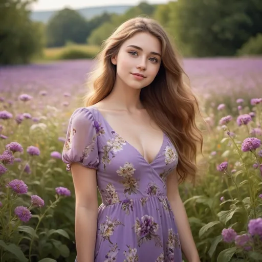 Prompt: Realistic depiction of an angelic young woman standing in a flower field, 1.60m tall, around 22 years old, with long golden brown hair, dreamy eyes, wearing a purplo dress, curvy physique, in a purple floral dress, with a wide mouth and rounded cheeks, surrounded by a picturesque garden landscape, high quality, realistic, angelic, long hair, dreamy eyes, shy smile, curvy, floral dress, young woman, healthy, detailed, full body, flower field background, gentle lighting