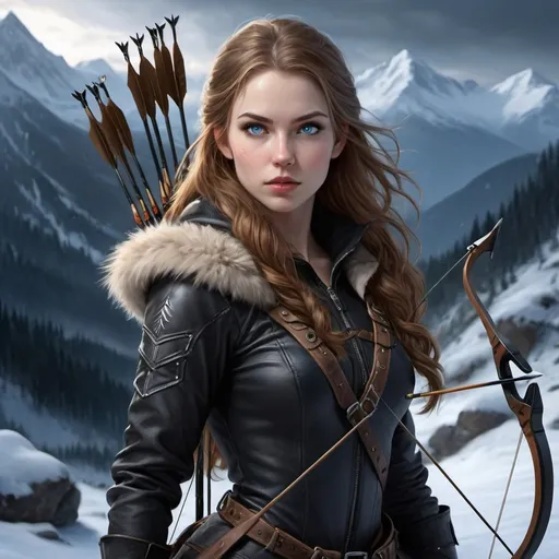 Prompt: Realistic young female hunter with bow and arrow, slender and strong physique, pale skin, very long golden brown hair, curious gray-blue eyes, full lips, fearless expression, wearing black outfit, black leather and fur outfit, detailed features, scenery snowy mountains at night, moonlight, high resolution, realistic, detailed, hunter, strong physique, pointed ears, full body, winter landscape, skilled archer, intense gaze, snowy mountains, cold tones, atmospheric lighting