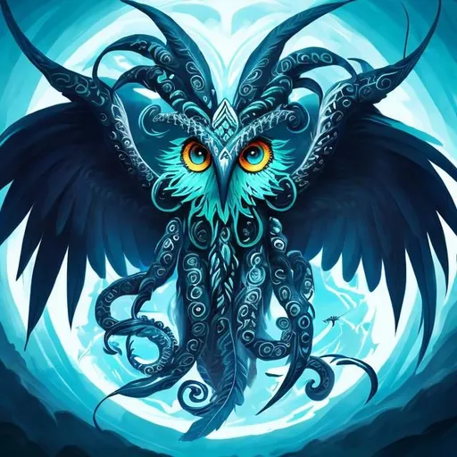 transparent ghostly black owl, two green evil eyes,...