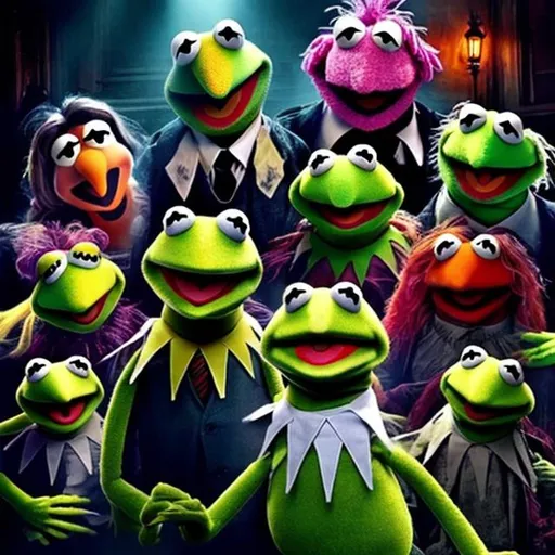 Prompt: Muppets Kermit the frog lsd monster evil dark ghost death hell scape bosch
