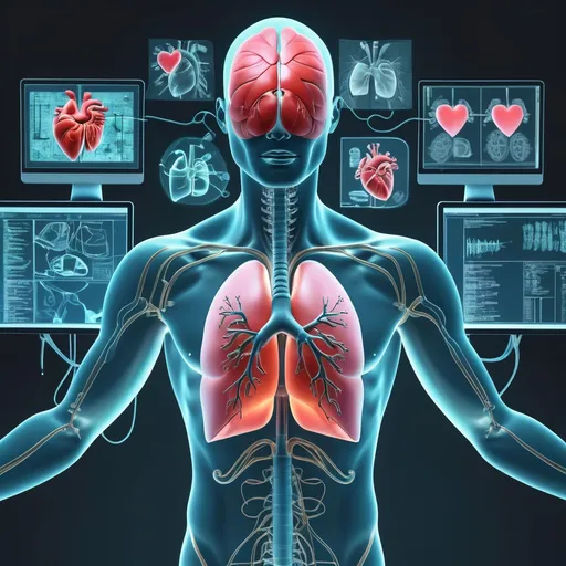 Prompt: a human body with a lot of medical equipment around it and a computer screen showing the lungs and heart, Évariste Vital Luminais, neoplasticism, cybernetics, computer graphics